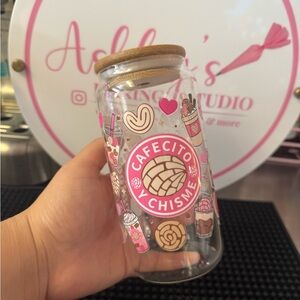 Glass Jar with Pink and Brown Cafecito Design
